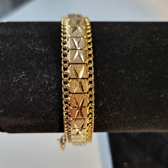 Vintage Diamond Cut Gold Toned Flex Box Link Edged Bracelet 7" - Picture 5 of 6